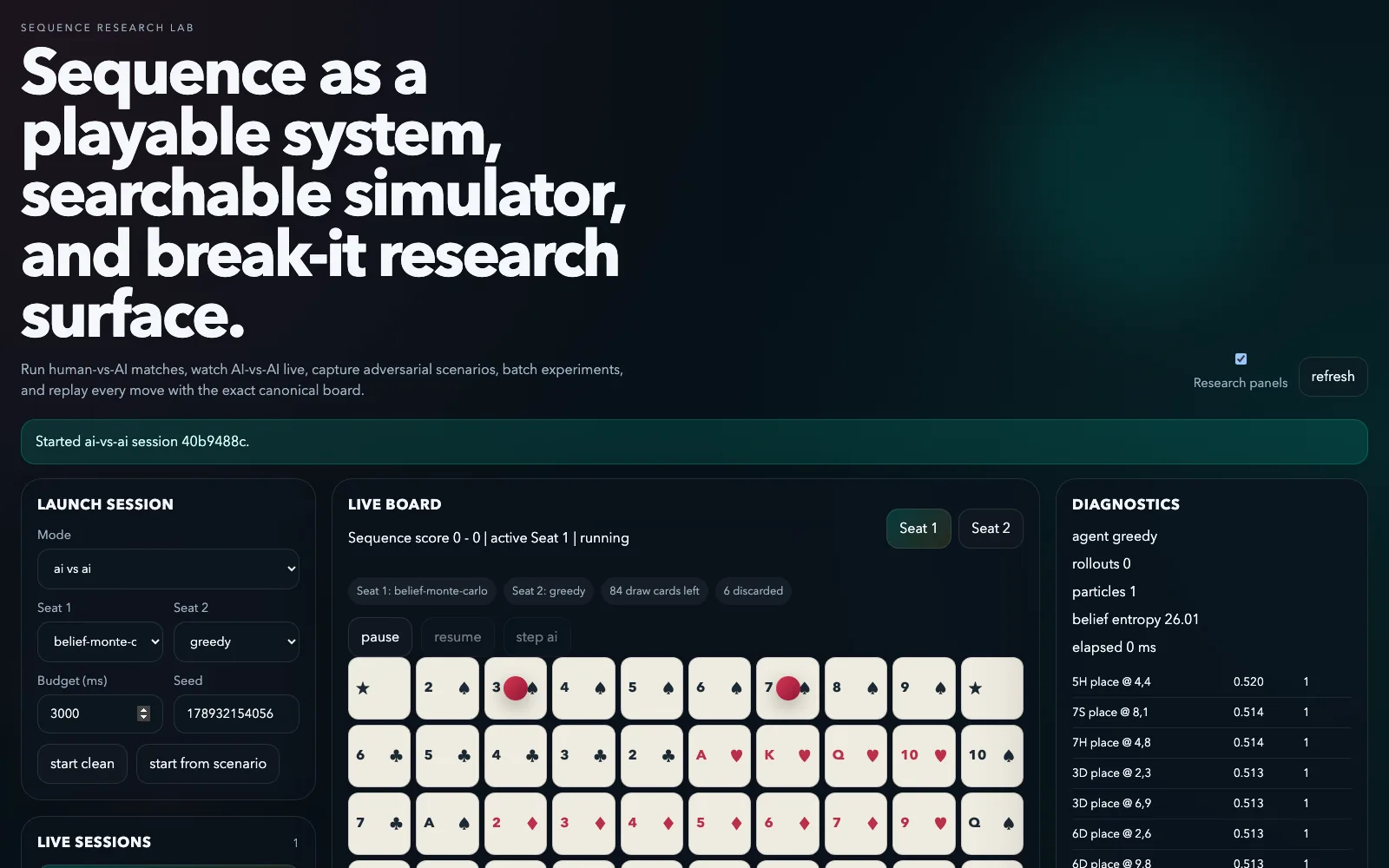 Live AI vs AI Sequence game with diagnostics